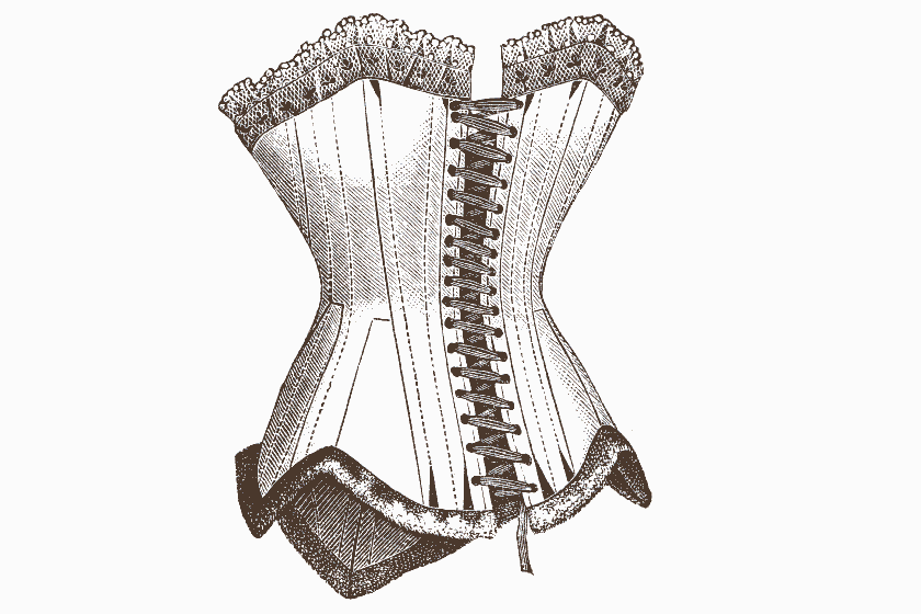 Фото 1. Так выглядел корсет в конце 19 века. Несколько слоев неэластичной ткани, ребра жесткости (иногда - из китового уса), застежка на шнуровку - все было направлено на формирование идеального силуэта женской фигуры.