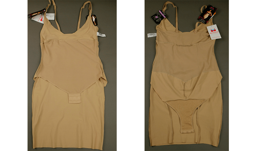 Фото 2. Утягивающее платье вывернуто наизнанку. На фото слева – передняя часть, справа – задняя. Видно, что внутри платья - боди, в корректирующем платье сочетаются два изделия сразу.